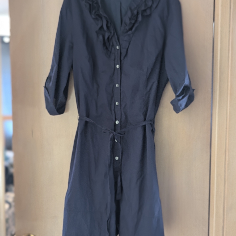 Garnet Hill Navy Shirtdress With Ruffle Neckline. Medium